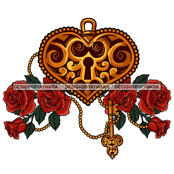 Heart Lock Key Flowers Secure Save Rosses Tattoo Ideas SVG PNG JPG Cut Files For Silhouette Cricut and More!