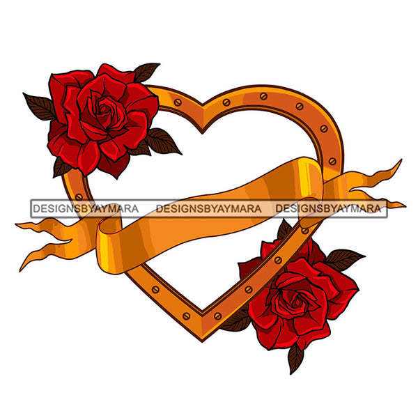 Gold Heart Ribbon Element Rosses Flower Nature SVG PNG JPG Cut Files For Silhouette Cricut and More!