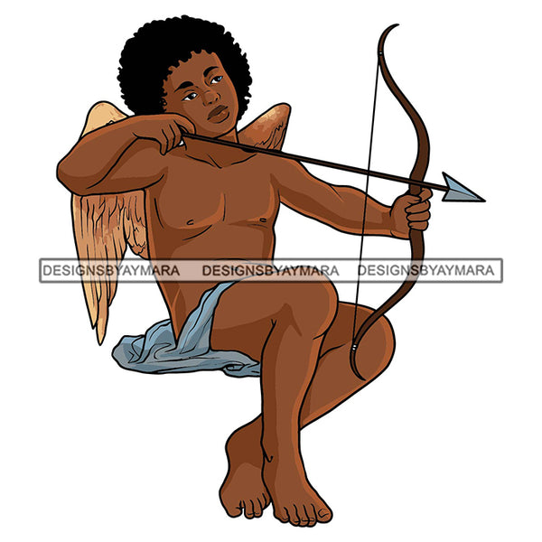 Angel Boy African American Holding Arrow Wings Cupid Love Warrior Afro Hair SVG PNG JPG Cut Files For Silhouette Cricut and More!