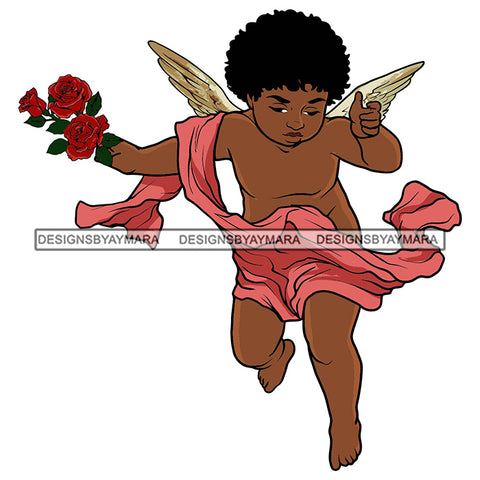 Angel Baby Boy Love Holding Flowers Love Wings Flying Freedom African American Afro Hair SVG PNG JPG Cut Files For Silhouette Cricut and More!