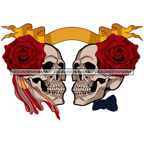 Woman Man Skull Head Love Death Relationship Memories Skeleton Soulmates Rosses Ribbon Design Element SVG PNG JPG Cut Files For Silhouette Cricut and More!