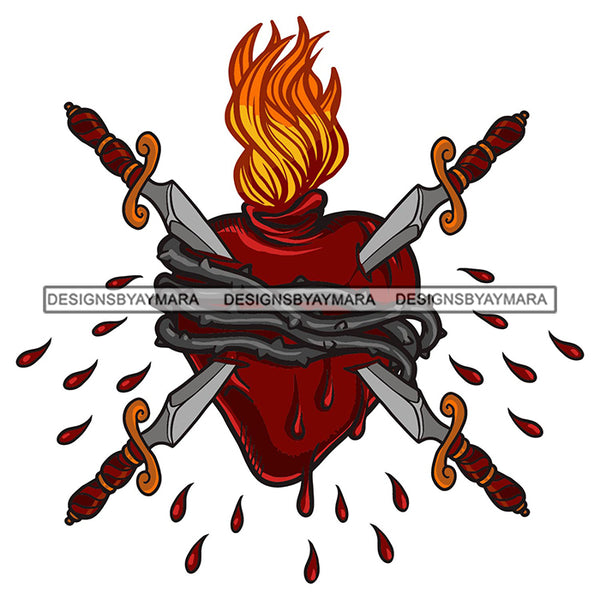 Heart Knives Stab Bleeding Blood Dripping Pain Hurt Flames SVG PNG JPG Cut Files For Silhouette Cricut and More!