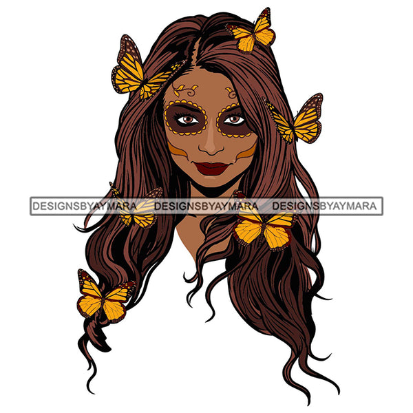 Day of the Dead Woman Face Butterfly Hair Mexican Heritage Celebration SVG PNG JPG Cut Files For Silhouette Cricut and More!