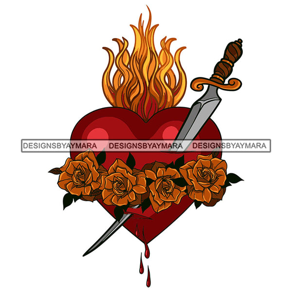 Red Heart Stab Bleeding Blood Dripping Spade Flowers Fire Flames Pain Hurt SVG PNG JPG Cut Files For Silhouette Cricut and More!