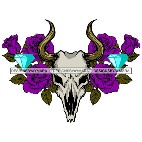 Bull Skull Head Purple Flowers Diamond Tattoo Ideas SVG PNG JPG Cut Files For Silhouette Cricut and More!