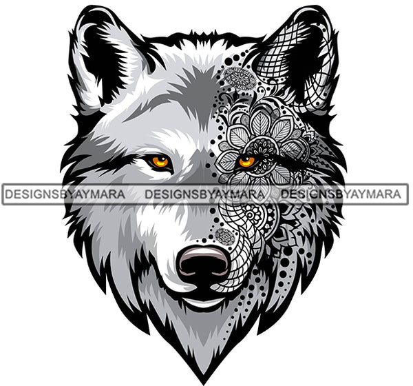 Wolf Head Face Tattoo Pattern Wild Animal Mammal Danger SVG PNG JPG Cut Files For Silhouette Cricut and More!