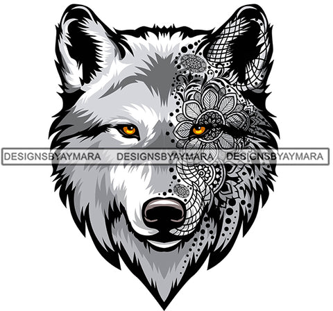 Wolf Head Face Tattoo Pattern Wild Animal Mammal Danger SVG PNG JPG Cut Files For Silhouette Cricut and More!