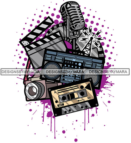 Microphone Camera Vintage Old School Movie Action Recorder Cassette Boombox SVG PNG JPG Cut Files For Silhouette Cricut and More!