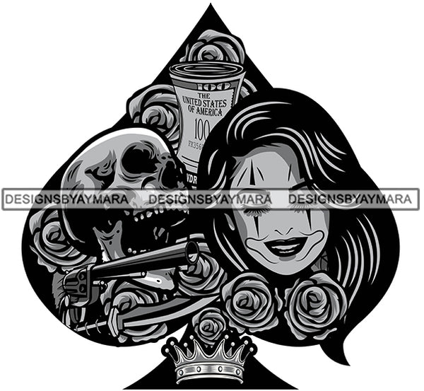 Spade Skull Woman Dead Gambling Gambler Casino Money Roll Gun Crown Rosses Jocker Woman SVG PNG JPG Cut Files For Silhouette Cricut and More!