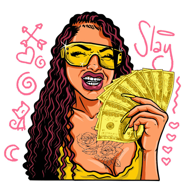 Afro Woman Wearing Sunglass Smile Face Vector Holding Money Curly Long Hair Design Element Close Eye Dimond Teeth White Background Symbol Artwork SVG JPG PNG Vector Clipart Cricut Cutting Files