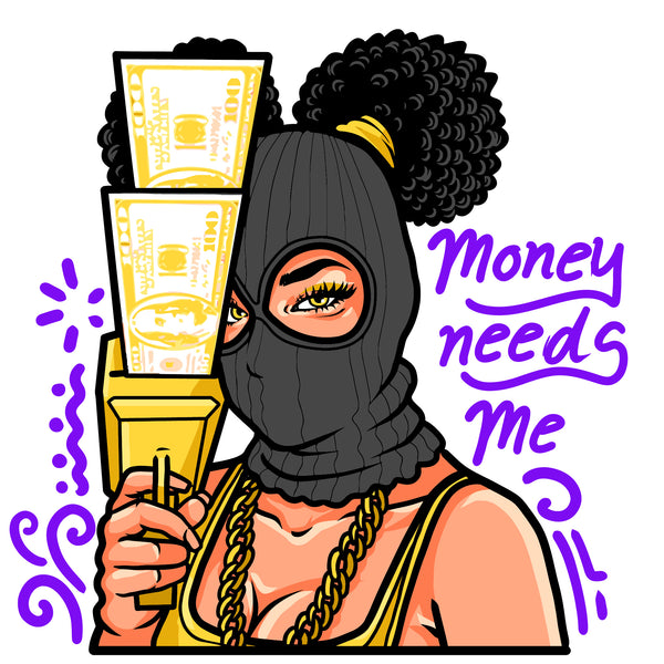 Money Needs Me Quote Color Symbol Artwork Afro Woman Wearing Musk Afro Hair Style Vector Afro Woman Holding Money Gun Design Element SVG JPG PNG Vector Clipart Cricut Cutting Files