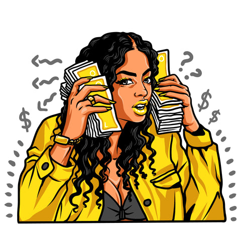 Afro Woman Holding Money Bundle Vector Bundle Use Phone Position Curly Long Hair Design Element White Background Symbol Artwork SVG JPG PNG Vector Clipart Cricut Cutting Files