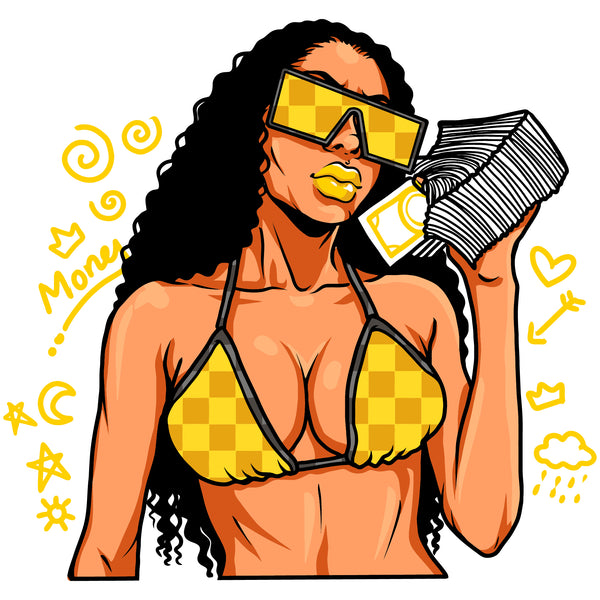 Afro Sexy Woman Holding Money Bundle And Wearing Sunglass Design Element Long Curly Hair African Girl Wearing Bikini White Background SVG JPG PNG Vector Clipart Cricut Cutting Files