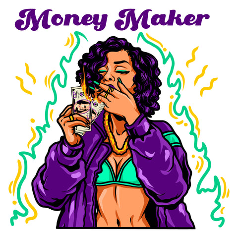 Money Maker Quote African American Woman Holding Money Melanin Nubian Girl Fire On Money Black Girl Curly Hair Design Element Background Symbol Artwork SVG JPG PNG Vector Clipart Cricut Cutting Files