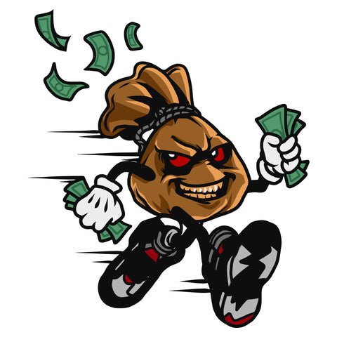 Funny Cartoon Money Bag Character Holding Money And Running Flying Money On Background Character Smile Face Red Eyes White Background SVG JPG PNG Vector Clipart Cricut Cutting Files