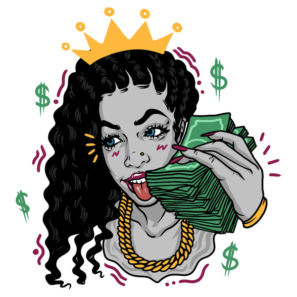 Afro Woman Holding Money Wearing Chain Curly Long Hair Design Element Dollar Symbol Crown On Head SVG JPG PNG Vector Clipart Cricut Cutting Files