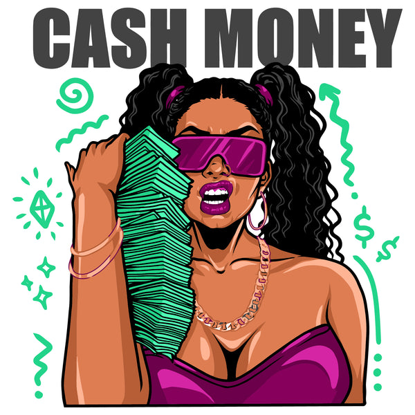 Cash Money Quote Afro Woman Holding Money Vector Wearing Sunglass Curly Hair Design Element Symbol Art Work White Background SVG JPG PNG Vector Clipart Cricut Cutting Files