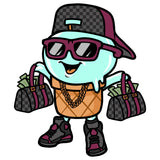 Funny Ice Cream Character Holding Money Bag Vector Wearing Sunglasses And Cap Smile Face Design Element White Background SVG JPG PNG Vector Clipart Cricut Cutting Files