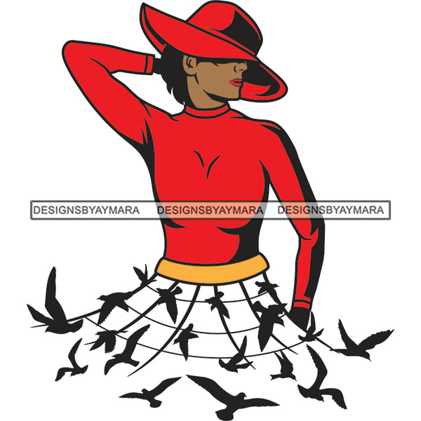 Woman In Red Hat Birds Skirts Freedom Fashion SVG PNG JPG Cut Files For Silhouette Cricut and More!