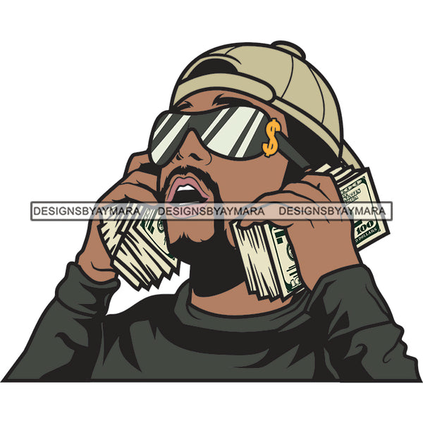 Black man Holding Money Stacks Cash Hustle Hustler Hustling Baseball Cap Hat Sunglasses SVG PNG JPG Cut Files For Silhouette Cricut and More!