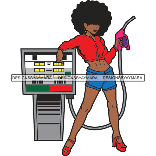 Afro Woman Holding Pump Gas Station Garage Business  SVG PNG JPG Cut Files For Silhouette Cricut and More!