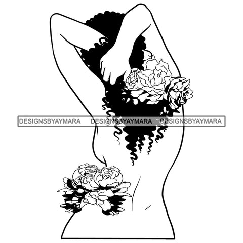 Flower Woman No Clothes Naked Beauty Roses Melanin Sensual Showing Back Vector Designs For T-Shirt and Other Products SVG PNG JPG Cutting Files For Silhouette Cricut and More!