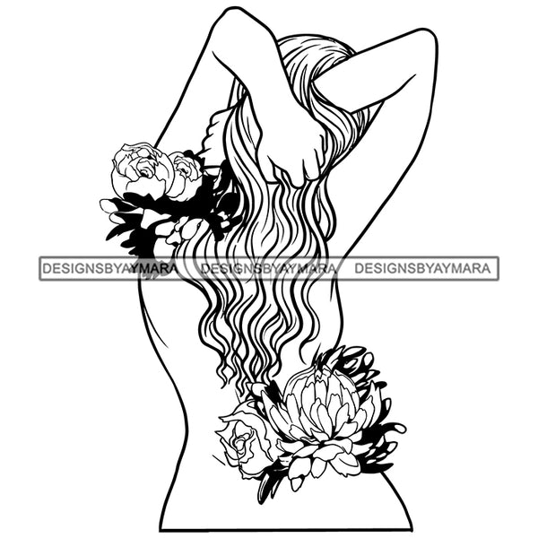 Flower Woman No Clothes Naked Beauty Roses Caucasian Sensual Showing Back Vector Designs For T-Shirt and Other Products SVG PNG JPG Cutting Files For Silhouette Cricut and More!