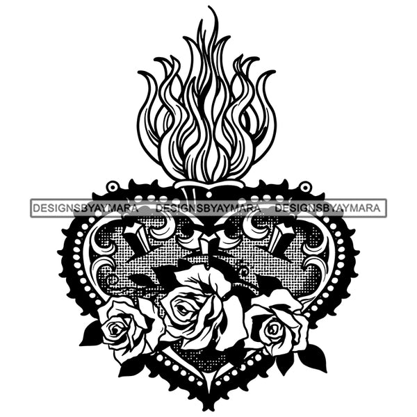 Heart Tattoo Sword Flames Rosses Fire Love Hurt Pain Tattoo Ideas Vector Designs For T-Shirt and Other Products SVG PNG JPG Cutting Files For Silhouette Cricut and More!