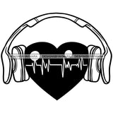 Headphones Heart Tattoo Ideas Music Lover Heart Beats Frequency DJ Vector Designs For T-Shirt and Other Products SVG PNG JPG Cut Files For Silhouette Cricut and More!