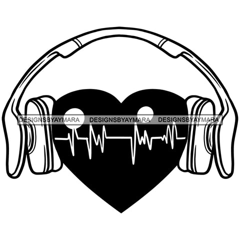 Headphones Heart Tattoo Ideas Music Lover Heart Beats Frequency DJ Vector Designs For T-Shirt and Other Products SVG PNG JPG Cut Files For Silhouette Cricut and More!