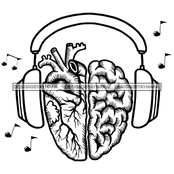 Headphones Heart Tattoo Ideas Music Notes Music Lover Human Heart DJ Vector Designs For T-Shirt and Other Products SVG PNG JPG Cut Files For Silhouette Cricut and More!
