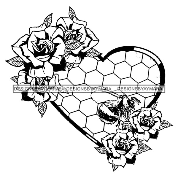 Bee Heart Honeycomb Honey Rosses Tattoo Ideas Fly Animal Insect Vector Designs For T-Shirt and Other Products SVG PNG JPG Cut Files For Silhouette Cricut and More!
