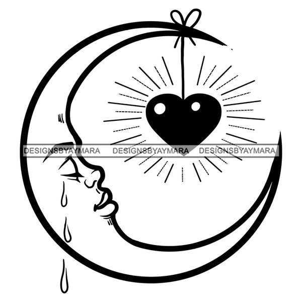 Moon Crying Broken Heart Tattoo Ideas Sunburst Pain Hurt Love Vector Designs For T-Shirt and Other Products SVG PNG JPG Cut Files For Silhouette Cricut and More!