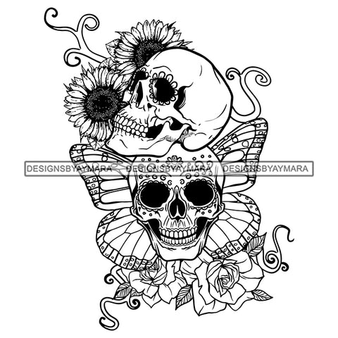 Skull Head Butterfly Rosses Sunflower Tattoo Ideas Death Dead Skeleton Smiling Calavera Vector Designs For T-Shirt and Other Products SVG PNG JPG Cut Files For Silhouette Cricut and More!