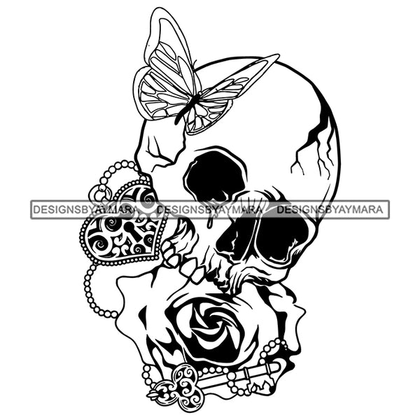 Broken Skull Head Butterfly Rosses Key Lock Heart Tattoo Ideas Death Dead Skeleton Calavera Vector Designs For T-Shirt and Other Products SVG PNG JPG Cut Files For Silhouette Cricut and More!