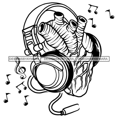 Headphones Heart Music Notes Classic Treble Bass Classical Tattoo Ideas Vector Designs For T-Shirt and Other Products SVG PNG JPG Cut Files For Silhouette Cricut and More!