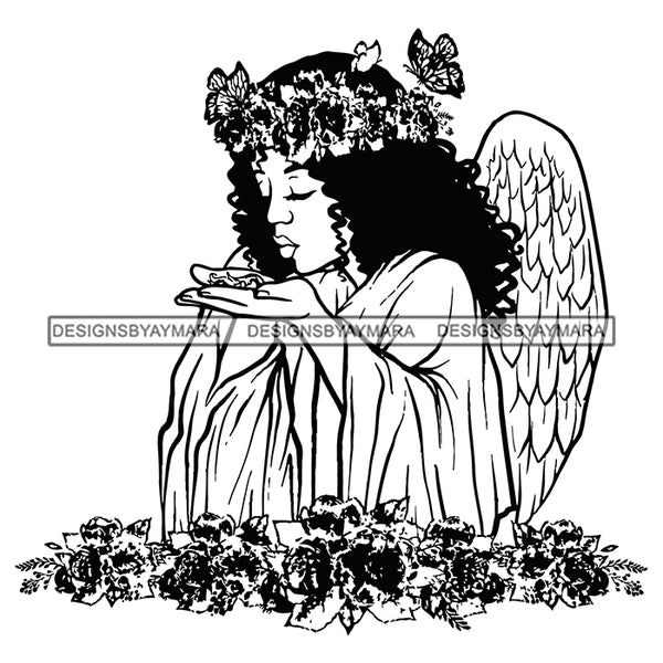 Angel Girl Flowers Butterfly Wings Rosses Heaven Peace Love Vector Designs For T-Shirt and Other Products SVG PNG JPG Cutting Files For Silhouette Cricut and More!