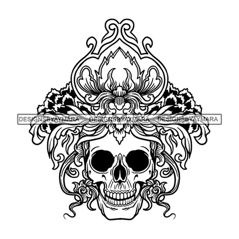 Skull Face Flowers Skeleton Death Dead Tattoo Ideas Vector Designs For T-Shirt and Other Products SVG PNG JPG Cut Files For Silhouette Cricut and More!