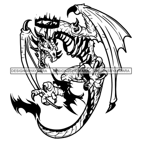 Dragon Fire Flying Fantasy Tail Creature Scary Tattoo Ideas Vector Designs For T-Shirt and Other Products SVG PNG JPG Cut Files For Silhouette Cricut and More!