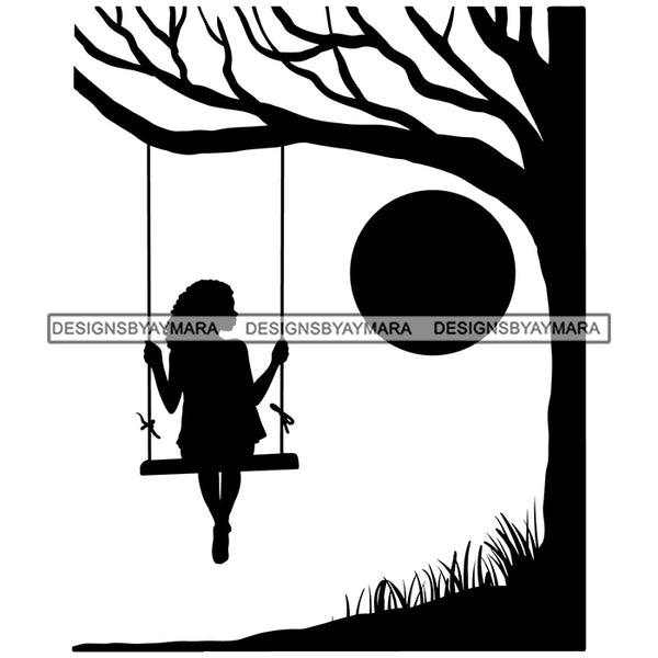 Girl Swinging Tree Moon Relaxing Nature Meditation Vector Designs For T-Shirt and Other Products SVG PNG JPG Cut Files For Silhouette Cricut and More!