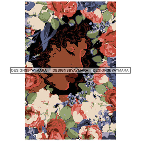 Flower Woman Melanin Girl Surround Roses Love Nature Wild Love Vector Designs For T-Shirt and Other Products SVG PNG JPG Cutting Files For Silhouette Cricut and More!