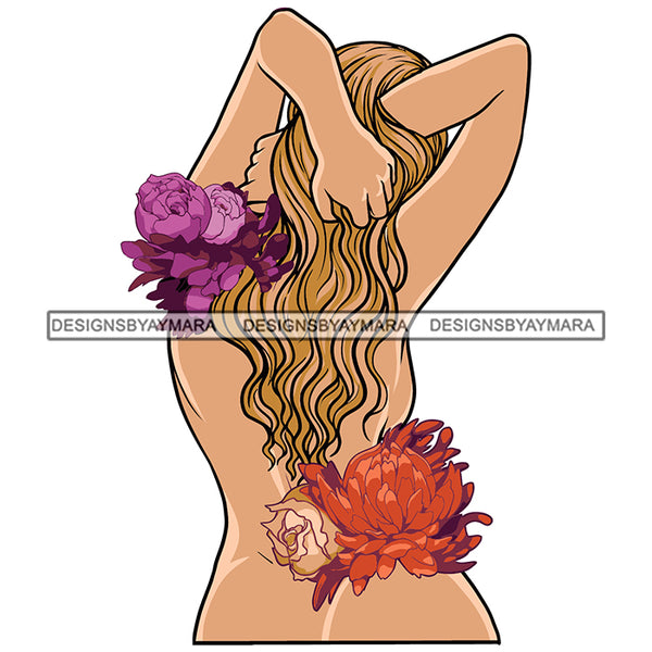 Flower Woman No Clothes Naked Beauty Roses Caucasian Blond Hair Sensual Showing Back Vector Designs For T-Shirt and Other Products SVG PNG JPG Cutting Files For Silhouette Cricut and More!