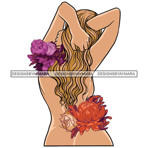 Flower Woman No Clothes Naked Beauty Roses Caucasian Blond Hair Sensual Showing Back Vector Designs For T-Shirt and Other Products SVG PNG JPG Cutting Files For Silhouette Cricut and More!