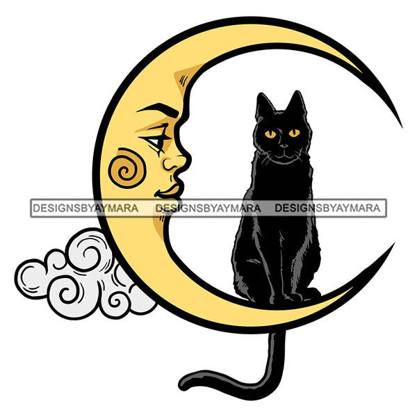 Yellow Moon Cat Sky Love Clouds Vector Designs For T-Shirt and Other Products SVG PNG JPG Cut Files For Silhouette Cricut and More!