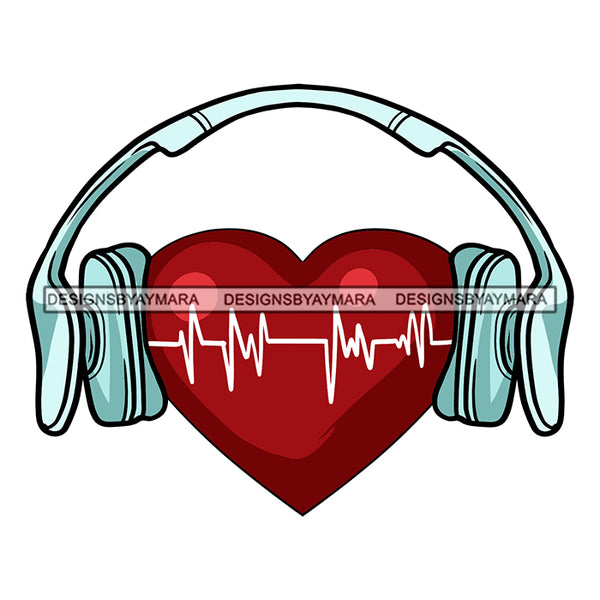 Headphones Heart Tattoo Ideas Music Lover Heart Beats Frequency DJ Vector Designs For T-Shirt and Other Products SVG PNG JPG Cut Files For Silhouette Cricut and More!