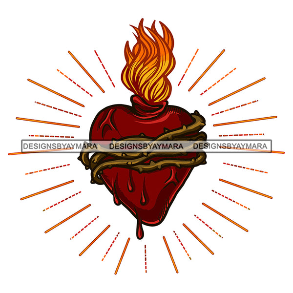 Heart Bleeding Sunburst Flames Fire Tattoo Ideas Vector Designs For T-Shirt and Other Products SVG PNG JPG Cut Files For Silhouette Cricut and More!