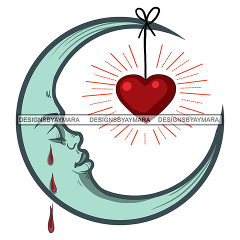 Moon Crying Blood Bleeding Broken Heart Tattoo Ideas Sunburst Pain Hurt Love Vector Designs For T-Shirt and Other Products SVG PNG JPG Cut Files For Silhouette Cricut and More!