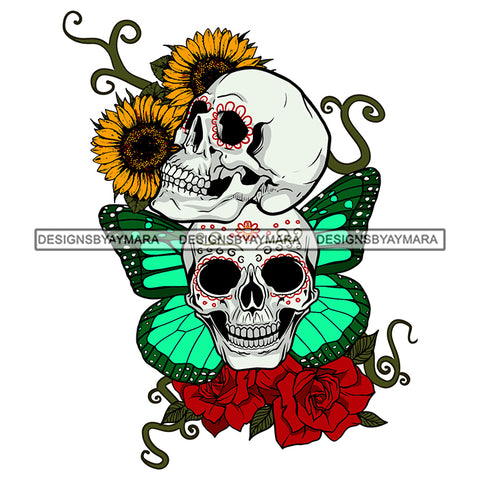 Skull Head Butterfly Rosses Sunflower Tattoo Ideas Death Dead Skeleton Smiling Calavera Vector Designs For T-Shirt and Other Products SVG PNG JPG Cut Files For Silhouette Cricut and More!