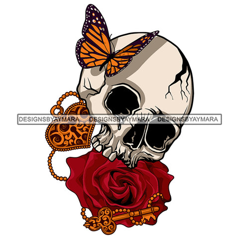 Broken Skull Head Butterfly Rosses Key Lock Heart Tattoo Ideas Death Dead Skeleton Calavera Vector Designs For T-Shirt and Other Products SVG PNG JPG Cut Files For Silhouette Cricut and More!