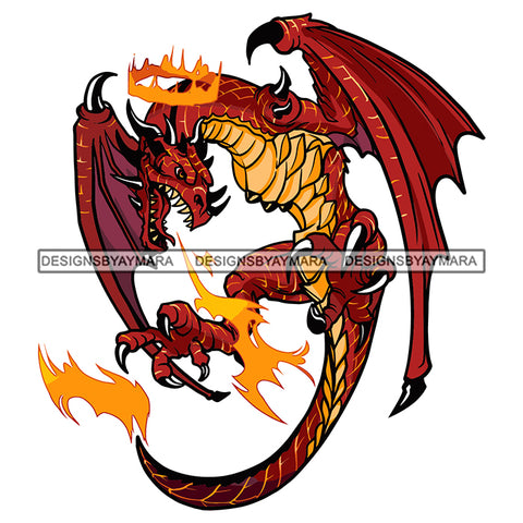 Red Dragon Fire Flying Fantasy Tail Creature Scary Tattoo Ideas Vector Designs For T-Shirt and Other Products SVG PNG JPG Cut Files For Silhouette Cricut and More!